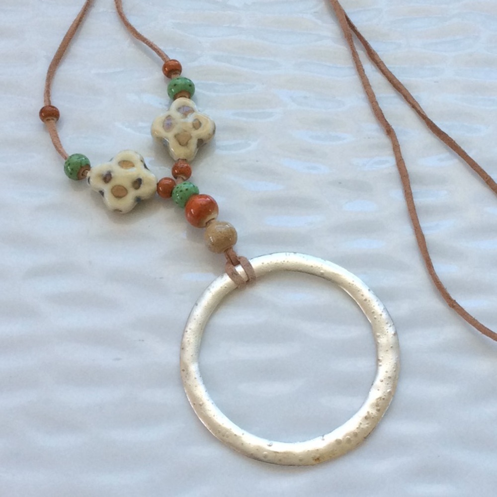 Long boho Silver and Beaded Necklace 30” inches